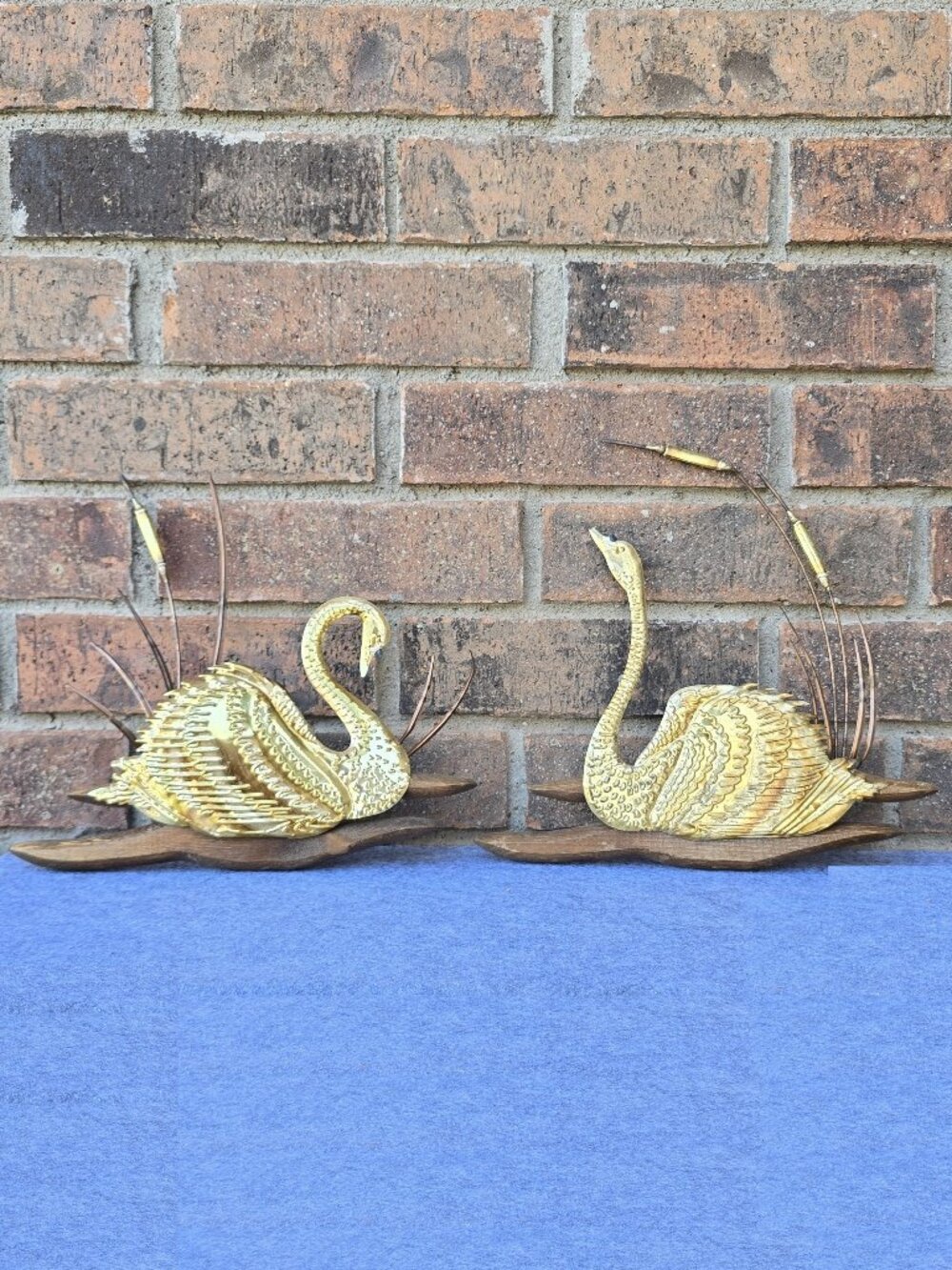 Vintage Brass And Wood Swan Cattails Wall Decor